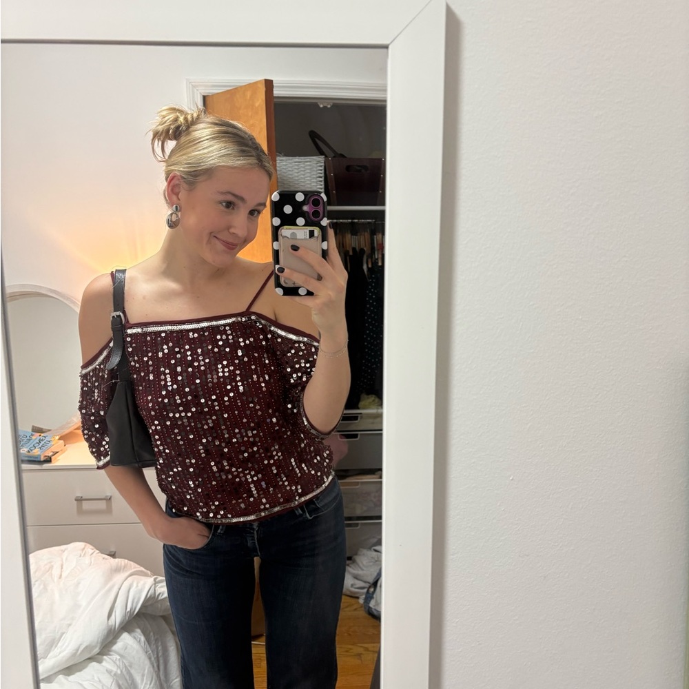 Walter Baker Off-Shoulder Sequin Top - Burgundy - Size Small